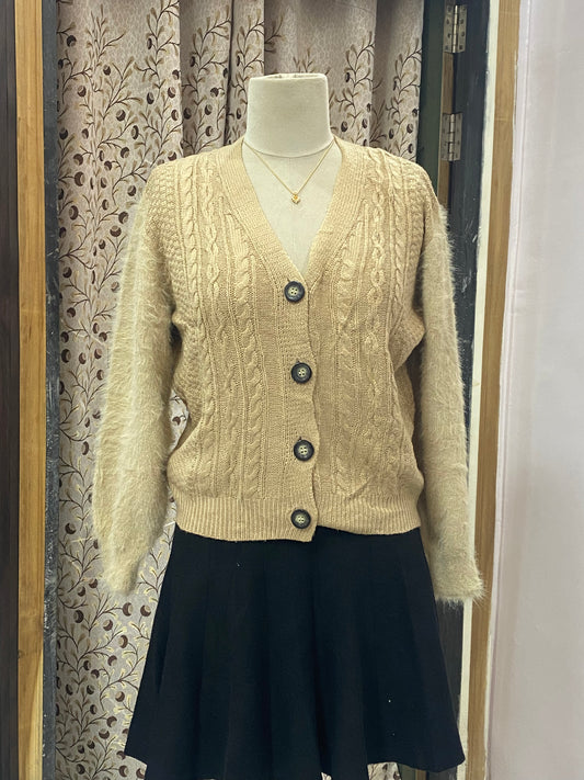 Beige Luxe Furry-Sleeve Cardigan